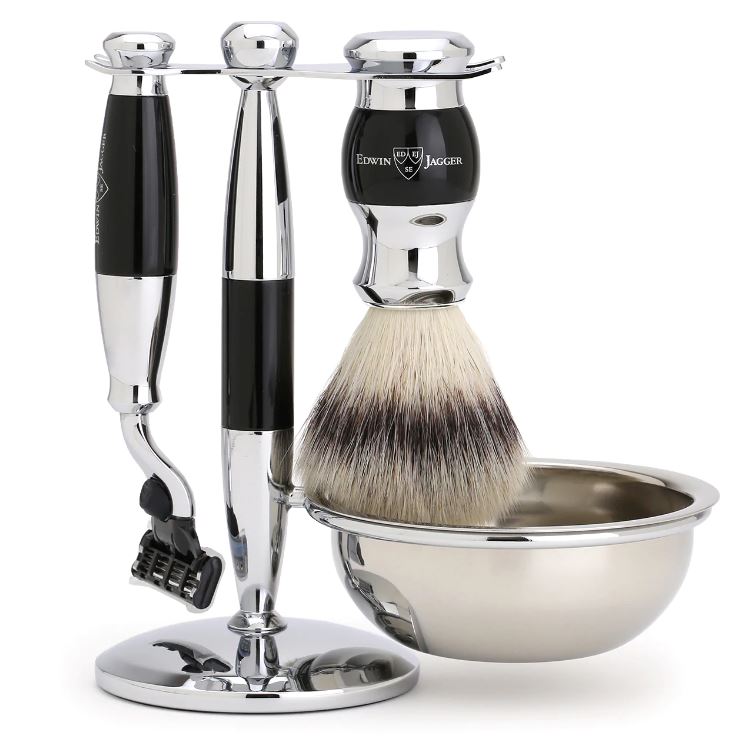 Edwin Jagger 4 Piece Mach3 Shaving Set with Synthetic Silvertip Brush Shaving Wholesale Grooming Supply Black 