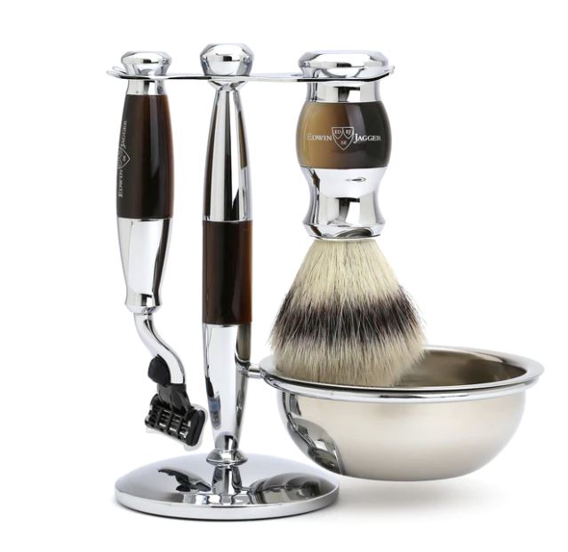 Edwin Jagger 4 Piece Mach3 Shaving Set with Synthetic Silvertip Brush Shaving Wholesale Grooming Supply Faux Light Horn 