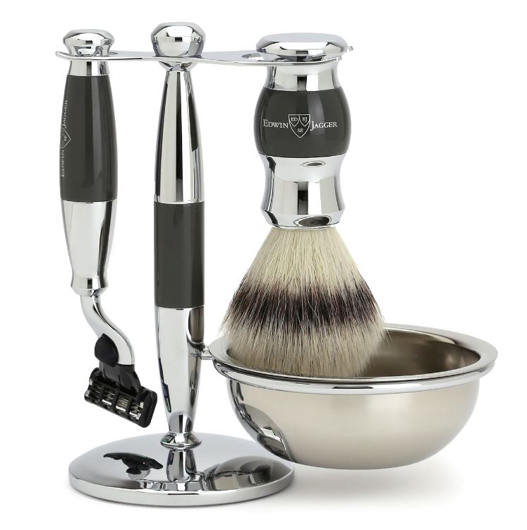 Edwin Jagger 4 Piece Mach3 Shaving Set with Synthetic Silvertip Brush Shaving Wholesale Grooming Supply Grey 