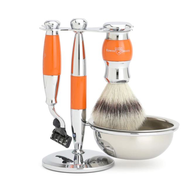 Edwin Jagger 4 Piece Mach3 Shaving Set with Synthetic Silvertip Brush Shaving Wholesale Grooming Supply Orange 