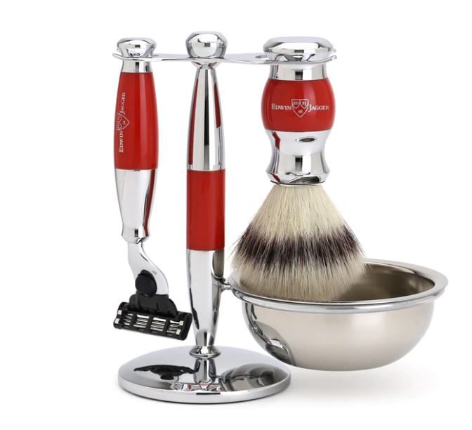 Edwin Jagger 4 Piece Mach3 Shaving Set with Synthetic Silvertip Brush Shaving Wholesale Grooming Supply Red 