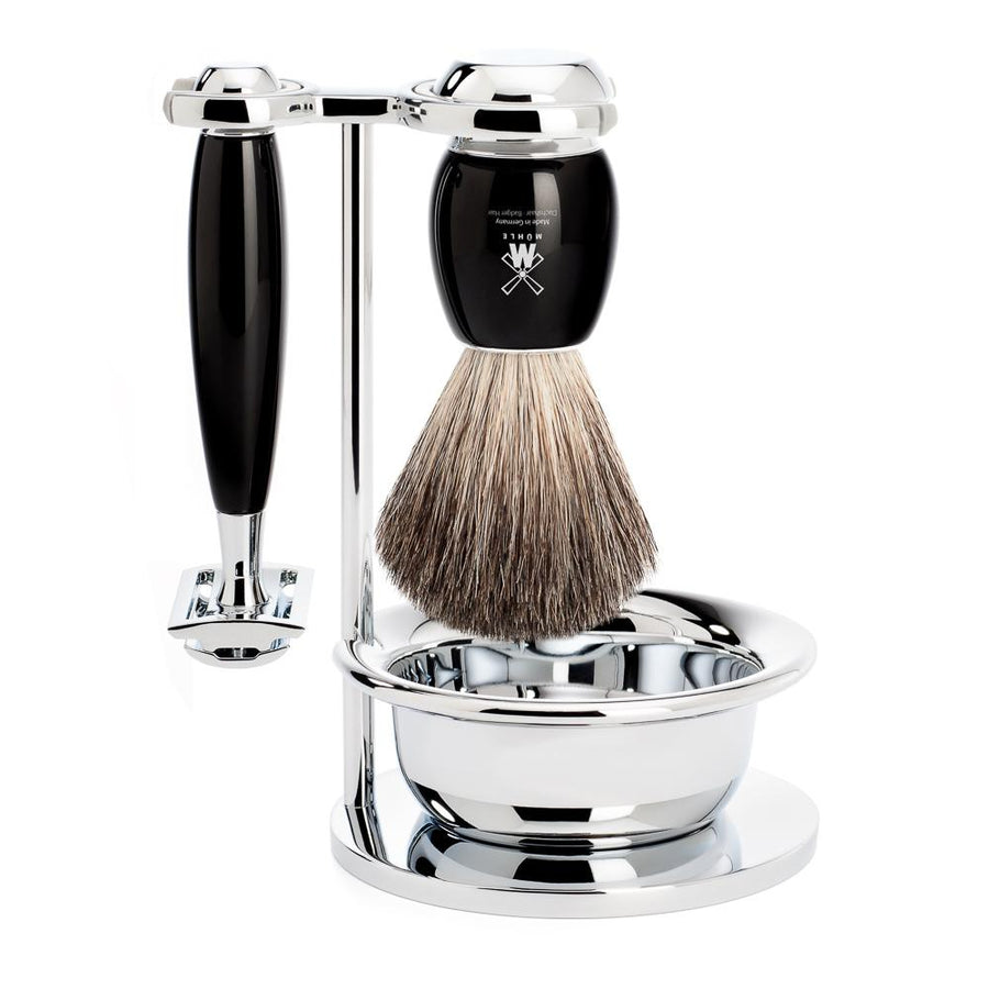 Mühle Vivo 4 Piece Shaving Set Shaving Barber Brands Pure Badger Safety Razor Black Resin