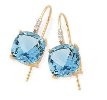 9ct Square Blue Topaz & Diamond Earrings Gold jewellery Gerrim International 