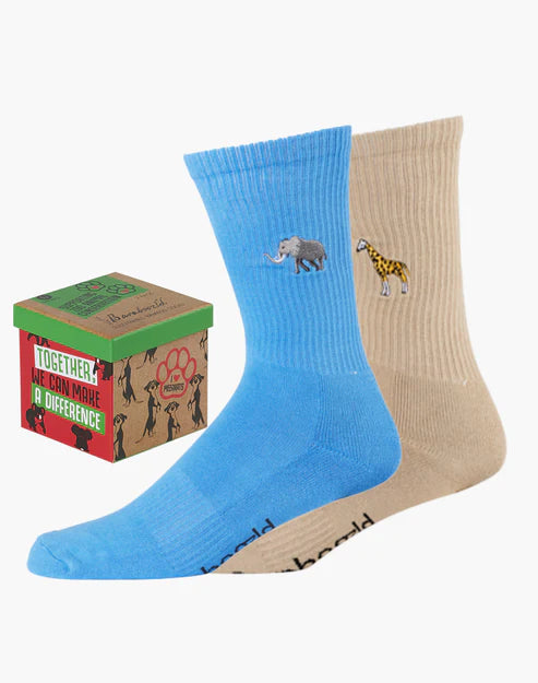 Bamboozled Men's Bamboo Socks 2pk Gift Box - Zoo Conservation Elephant & Giraffe Underwear Pussyfoot 