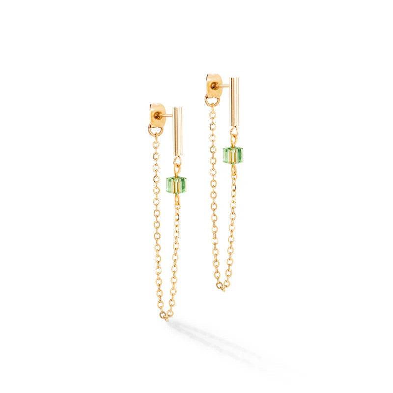 Coeur de Lion Mini GeoCube Green & Gold Chain Earrings Women's Jewellery Timesupply 