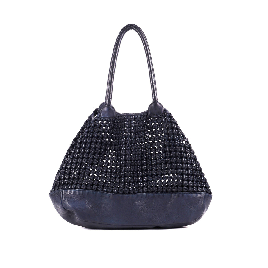 Hermitage Leather Weave Tote Handbag Oran Navy 