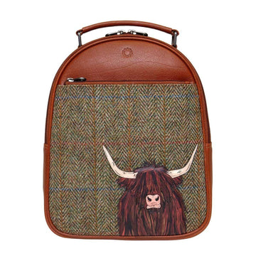 Highland Cow Leather Tweed Backpack Handbag World Collection Brown 
