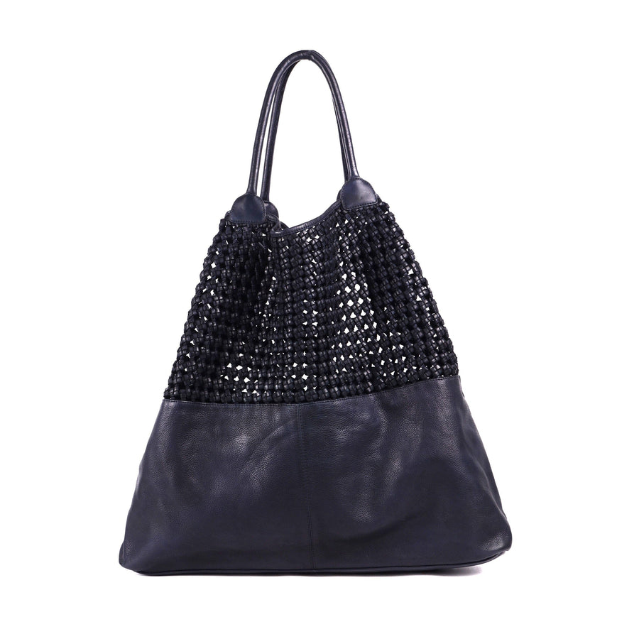 Hyams Leather Weave Tote Handbag Oran Navy 