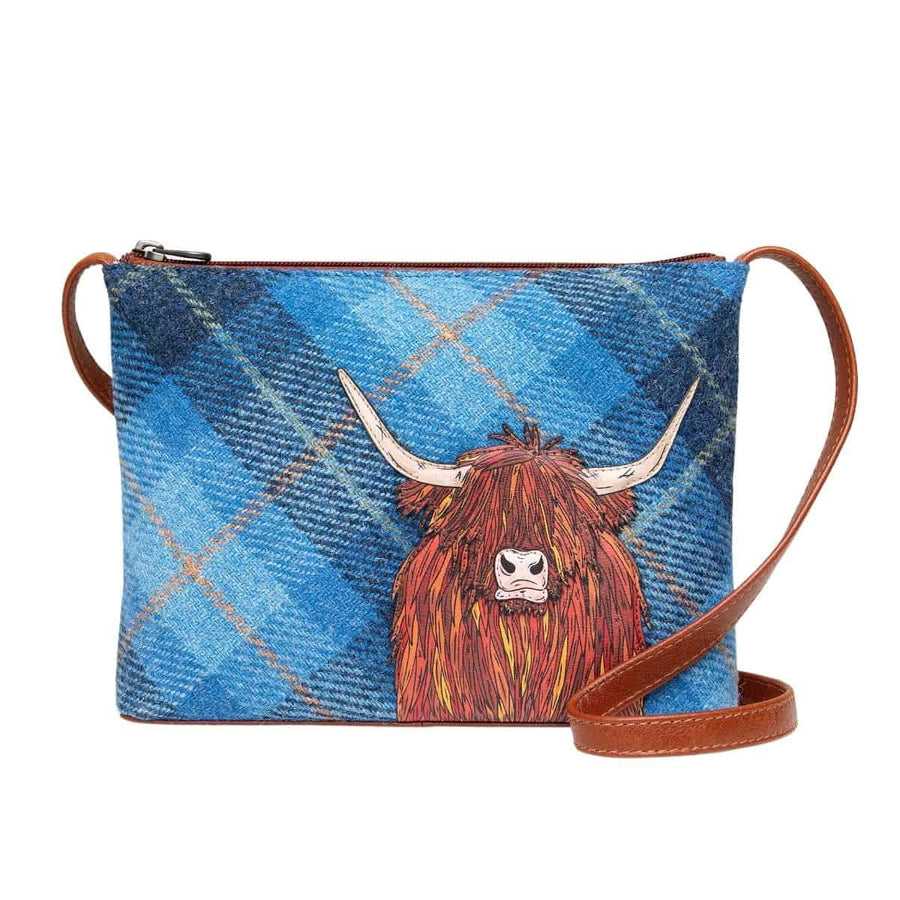 Leather Appliqué Cross Body Bag Handbag World Collection Highland Cow Blue 