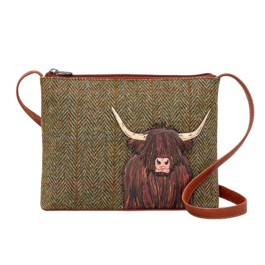 Leather Appliqué Cross Body Bag Handbag World Collection Highland Cow Brown 