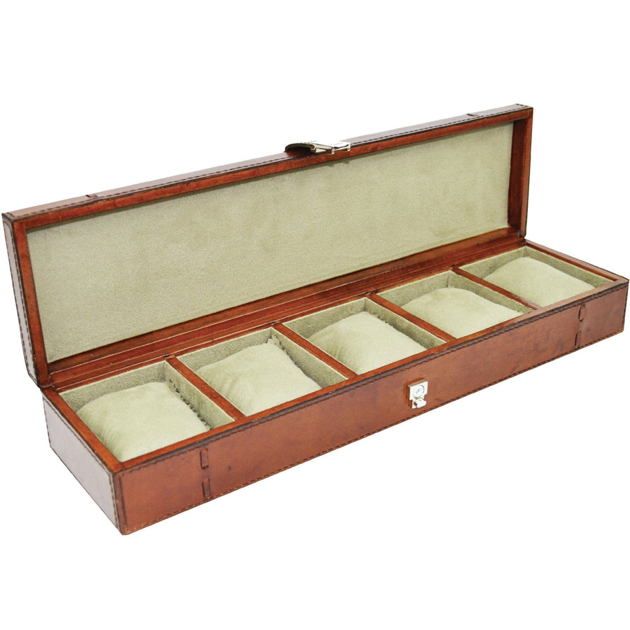 Leather Watch Box Stationery Kundra 5 Compartment Tan 