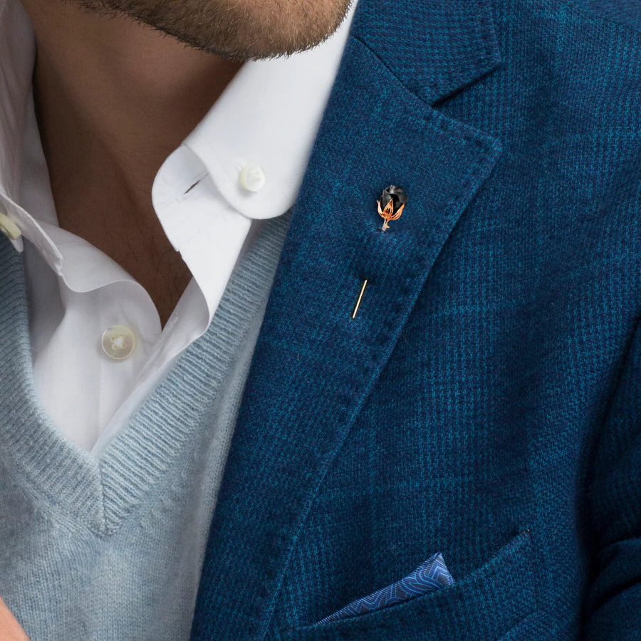 Rose Lapel Pin In Rose Gold With Gunmetal Plated by Tateossian Men's Jewellery Cudworth 