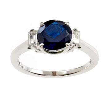Round CZ 2 Baguettes Ring Sybella Dark Blue CZ with Clear Baguettes 
