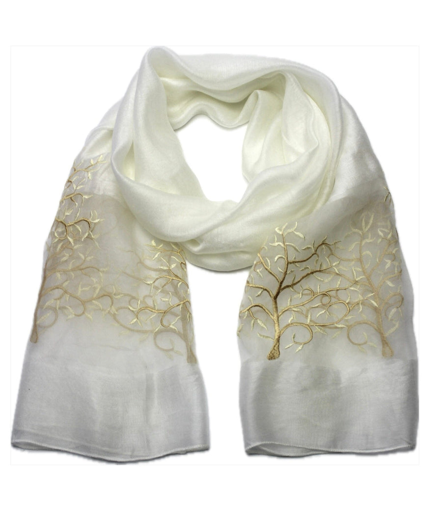 Silk Embroidered Scarf Teddy Sinclair Ivory Leaves 