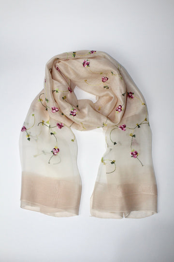 Silk Embroidered Scarf Teddy Sinclair Pale Pink Floral 