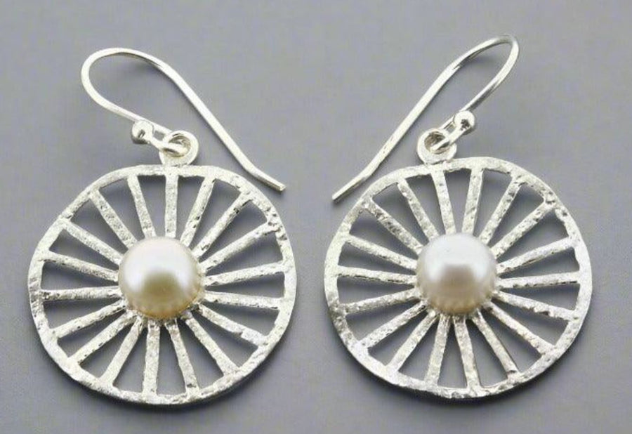 Silver Wheel & Pearl Earrings Earrings Makers & Providers 