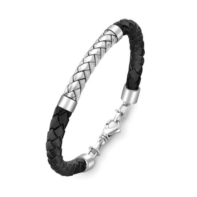 Sterling Silver Herringbone & Black Leather Bracelet by Hoxton London Roberts McCammon 