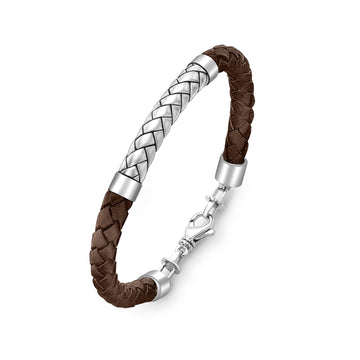 Sterling Silver Herringbone & Brown Leather Bracelet by Hoxton London Roberts McCammon 