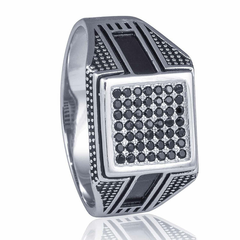 Black Grid Rhodium Plated S/Silver Signet Ring Men's Jewellery TJD Silver 