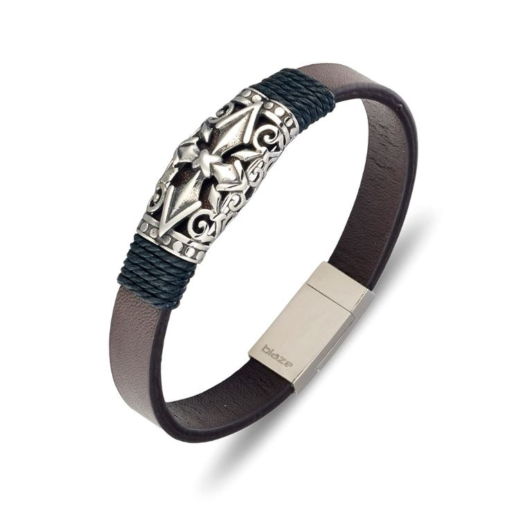 Brown Leather Bangle with Steel Detailing Men's Jewellery DPI Jewellery 