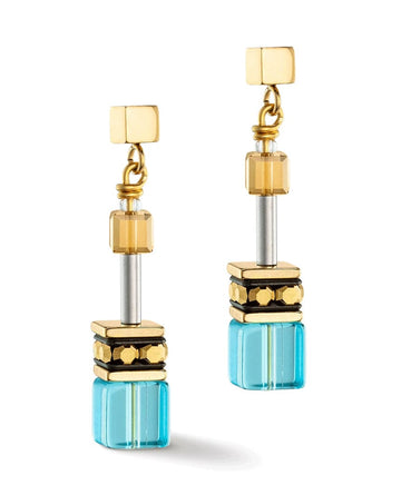 Coeur De Lion GeoCube Bright Summer Blue & Gold Earrings Jewellery Timesupply 