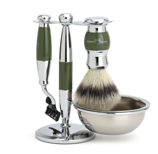 Edwin Jagger 4 Piece Mach3 Shaving Set with Synthetic Silvertip Brush Shaving Wholesale Grooming Supply Olive Green 