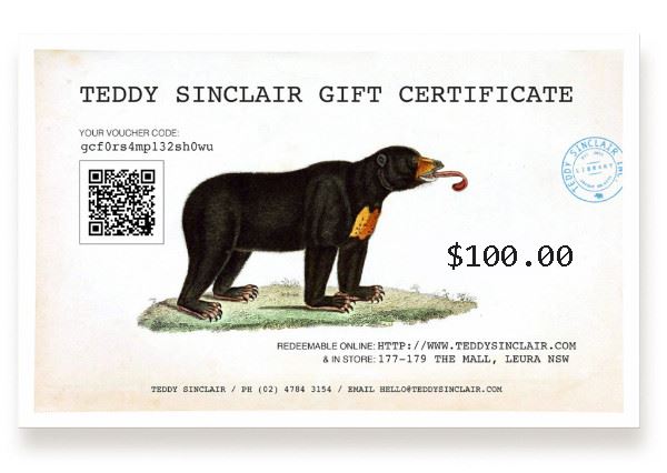Gift Voucher Gift Card Teddy Sinclair $100.00 