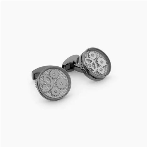 Gunmetal plated Carousel Gear Cufflinks with Grey Alutex by Tateossian Men's Jewellery Cudworth 