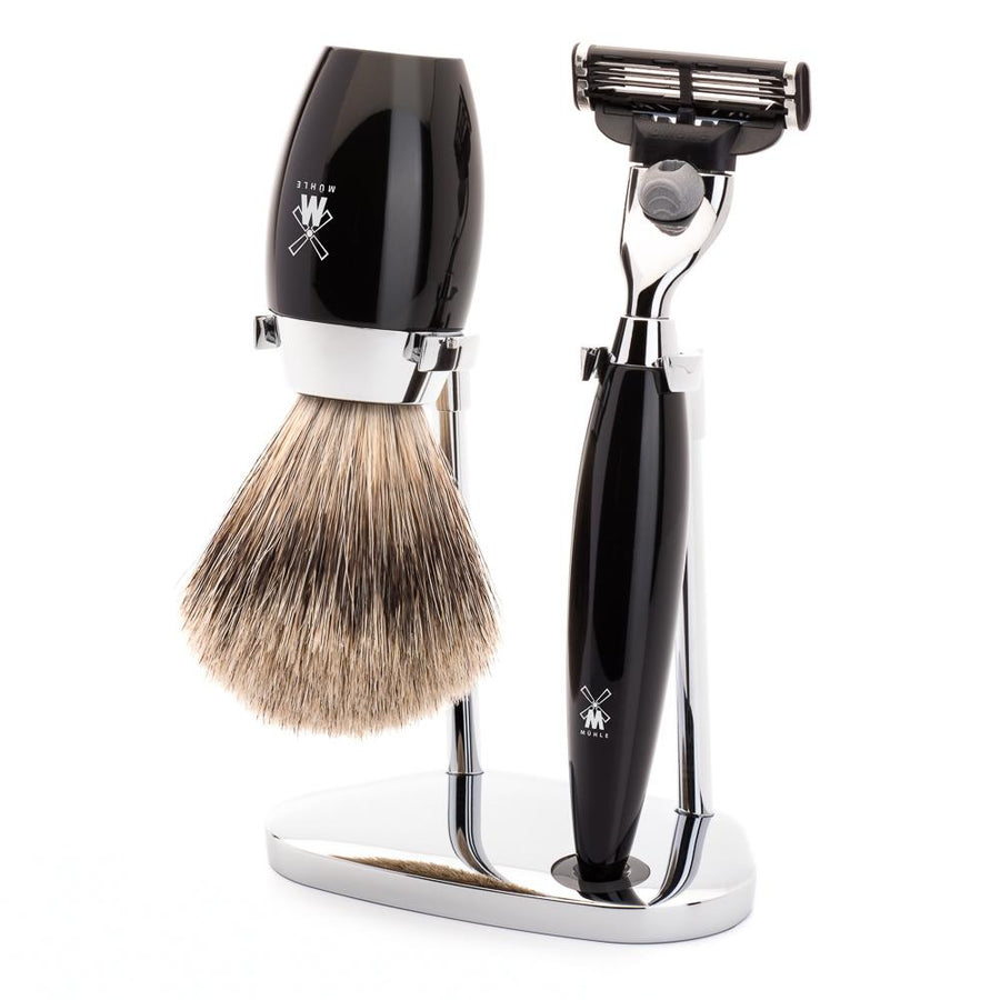 Mühle Kosmo 3 piece shaving set Shaving Barber Brands Black Resin Fine Badger 