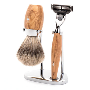 Mühle Kosmo 3 piece shaving set Shaving Barber Brands Olive Wood Fine Badger 