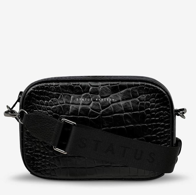 Plunder Leather Cross-Body Bag w/ Webbed Strap Bag Status Anxiety Black Croc Emboss 