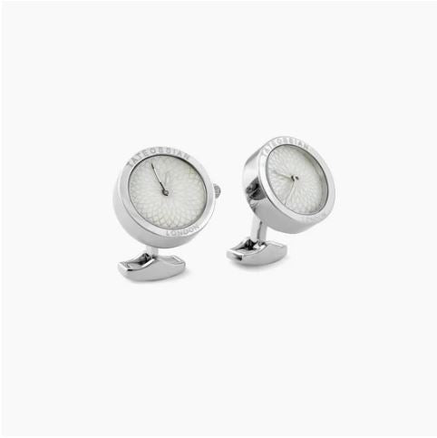 White Mother of Pearl Stainless Steel Guilloche Watch Cufflinks by Tateossian Men's Jewellery Cudworth 